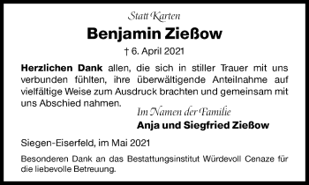 Traueranzeige von Benjamin Zießow von Siegener Zeitung