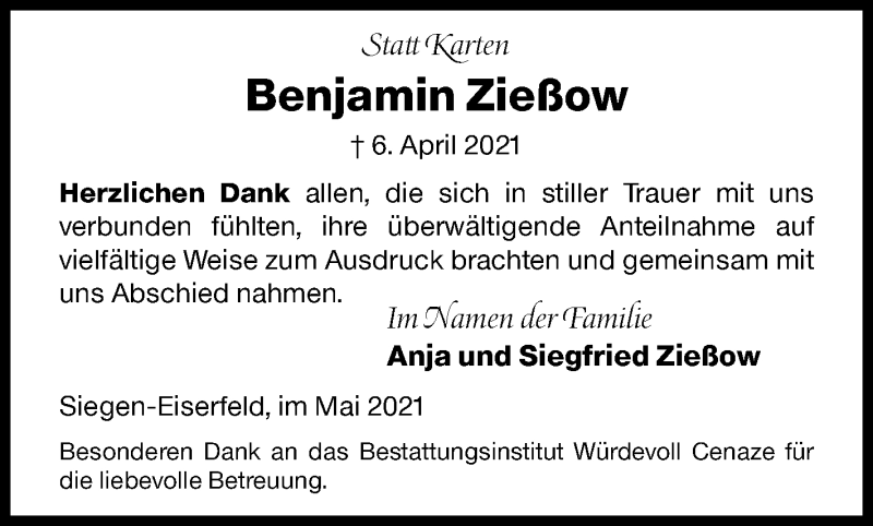  Traueranzeige für Benjamin Zießow vom 18.05.2021 aus Siegener Zeitung