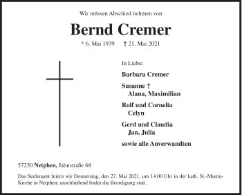 Traueranzeige von Bernd Cremer von Siegener Zeitung
