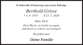 Traueranzeige von Berthold Grisse von Siegener Zeitung