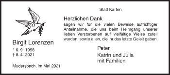 Traueranzeige von Birgit Lorenzen von Siegener Zeitung