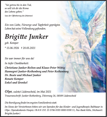 Traueranzeige von Brigitte Junker von Siegener Zeitung