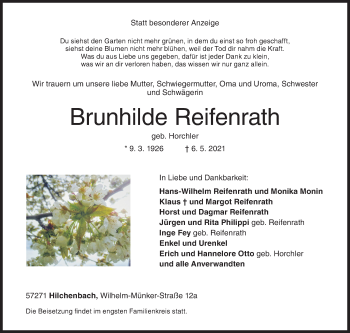 Traueranzeige von Brunhilde Reifenrath von Siegener Zeitung