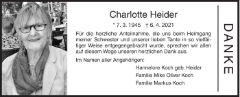 Traueranzeige von Charlotte Heider von Siegener Zeitung