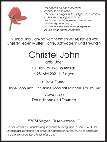 Traueranzeige von Christel John von Siegener Zeitung