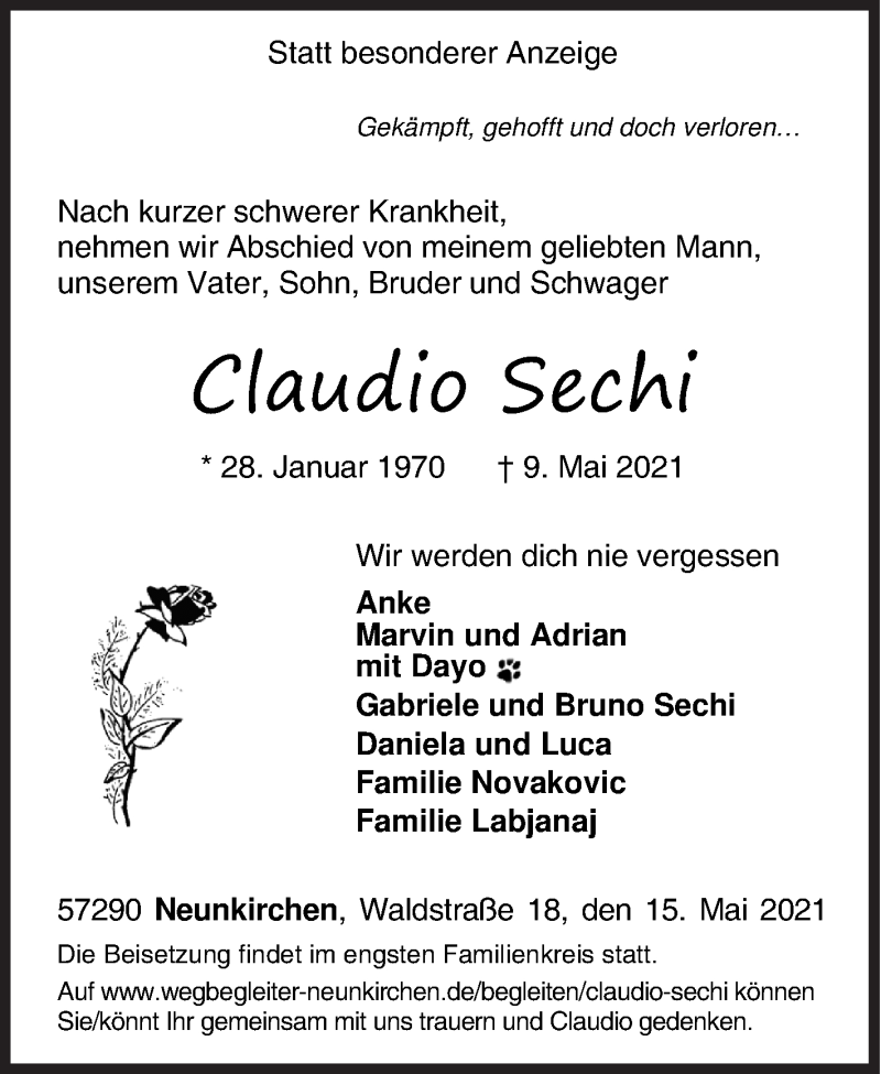  Traueranzeige für Claudio Sechi vom 15.05.2021 aus Siegener Zeitung