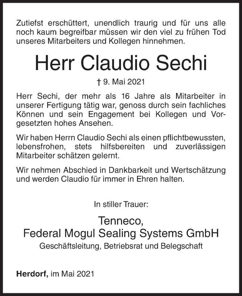  Traueranzeige für Claudio Sechi vom 15.05.2021 aus Siegener Zeitung