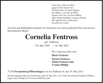 Traueranzeige von Cornelia Fentross von Siegener Zeitung