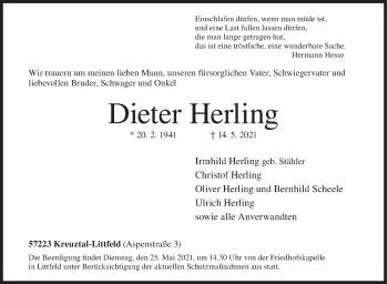 Traueranzeige von Dieter Herling von Siegener Zeitung