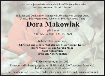 Traueranzeige von Dora Makowiak von Siegener Zeitung