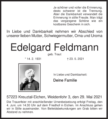Traueranzeige von Edelgard Feldmann von Siegener Zeitung