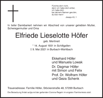 Traueranzeige von Elfriede Lieselotte Höfer von Siegener Zeitung