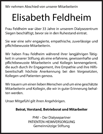 Traueranzeige von Elisabeth Feldheim von Siegener Zeitung