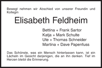 Traueranzeige von Elisabeth Feldheim von Siegener Zeitung