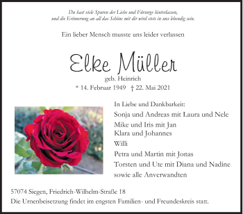 Traueranzeige von Elke Müller von Siegener Zeitung