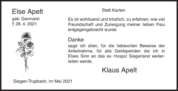 Traueranzeige von Else Apelt von Siegener Zeitung