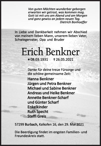 Traueranzeige von Erich Benkner von Siegener Zeitung