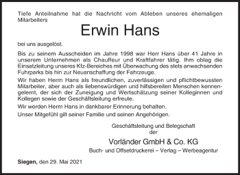Traueranzeige von Erwin Hans von Siegener Zeitung