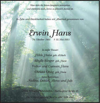 Traueranzeige von Erwin Hans von Siegener Zeitung