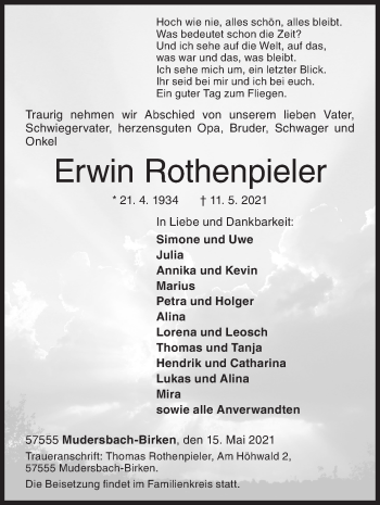 Traueranzeige von Erwin Rothenpieler von Siegener Zeitung