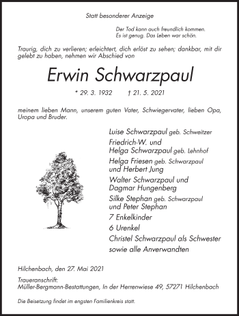 Traueranzeige von Erwin Schwarzpaul von Siegener Zeitung