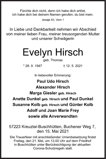 Traueranzeige von Evelyn Hirsch von Siegener Zeitung