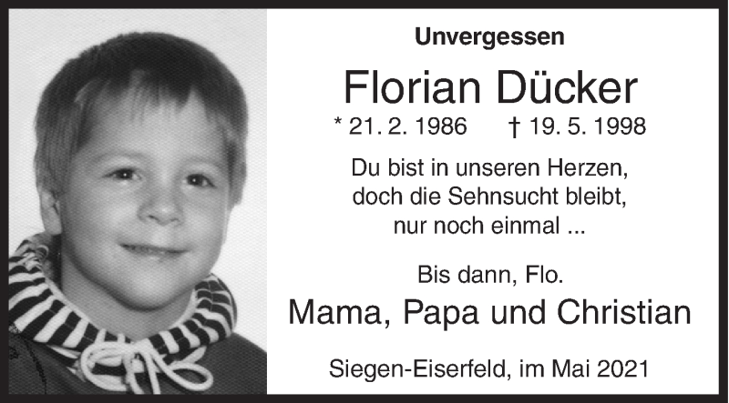  Traueranzeige für Florian Dücker vom 19.05.2021 aus Siegener Zeitung