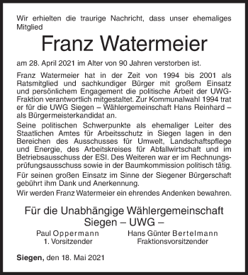 Traueranzeige von Franz Watermeier von Siegener Zeitung
