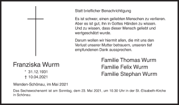 Traueranzeige von Franziska Wurm von Siegener Zeitung