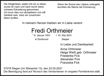 Traueranzeige von Fredi Orthmeier von Siegener Zeitung