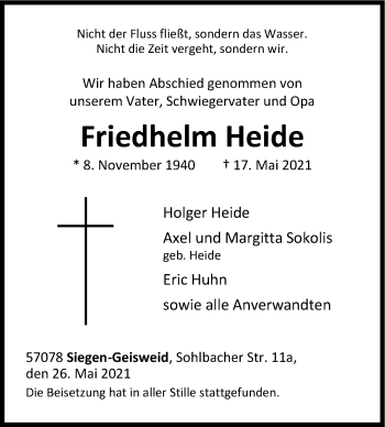 Traueranzeige von Friedhelm Heide von Siegener Zeitung