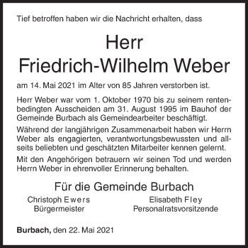 Traueranzeige von Friedrich-Wilhelm Weber von Siegener Zeitung
