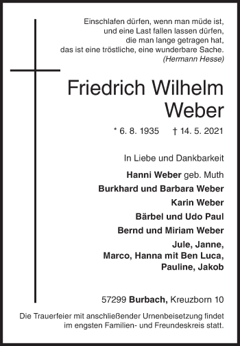 Traueranzeige von Friedrich Wilhelm Weber von Siegener Zeitung