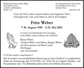 Traueranzeige von Fritz Weber von Siegener Zeitung