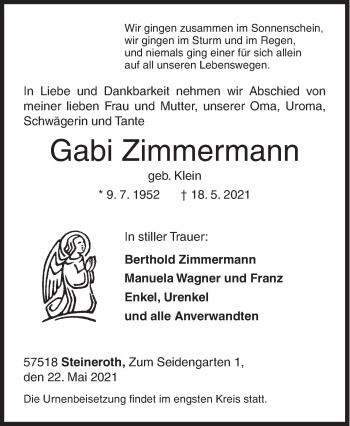 Traueranzeige von Gabi Zimmermann von Siegener Zeitung