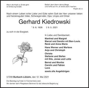 Traueranzeige von Gerhard Kiedrowski von Siegener Zeitung