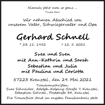 Traueranzeige von Gerhard Schnell von Siegener Zeitung