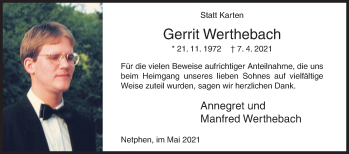 Traueranzeige von Gerrit Werthebach von Siegener Zeitung