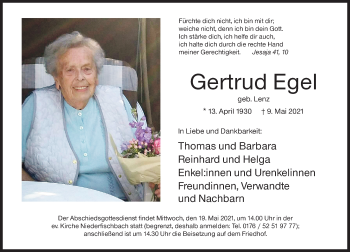 Traueranzeige von Gertrud Egel von Siegener Zeitung