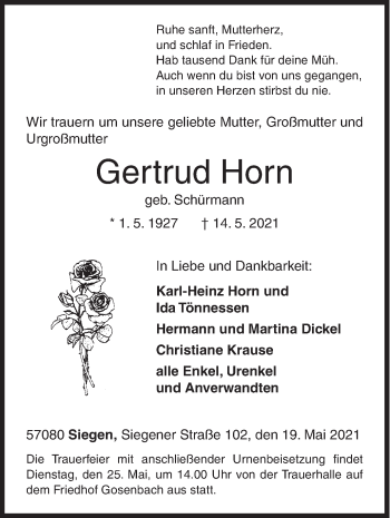 Traueranzeige von Gertrud Horn von Siegener Zeitung