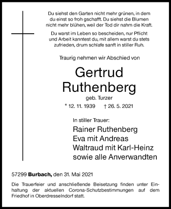 Traueranzeige von Gertrud Ruthenberg von Siegener Zeitung