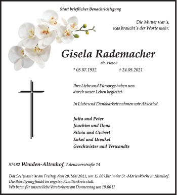 Traueranzeige von Giesela Rademacher von Siegener Zeitung