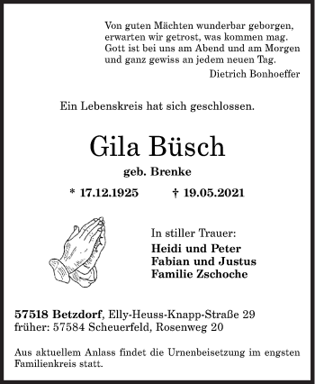 Traueranzeige von Gila Büsch von Siegener Zeitung