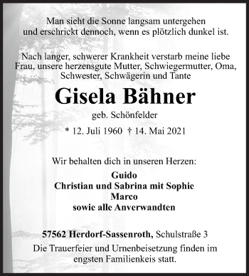 Traueranzeige von Gisela Bähner von Siegener Zeitung