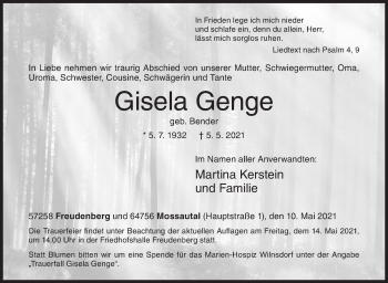 Traueranzeige von Gisela Genge von Siegener Zeitung