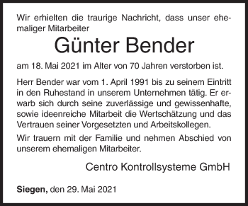 Traueranzeige von Günter Bender von Siegener Zeitung