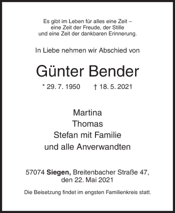 Traueranzeige von Günter Bender von Siegener Zeitung