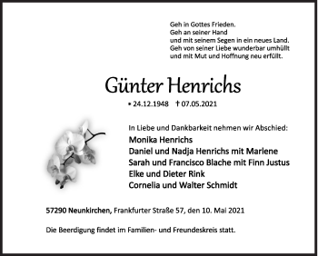 Traueranzeige von Günter Henrichs von Siegener Zeitung