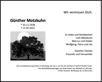 Traueranzeige von Günther Motzkuhn von Siegener Zeitung