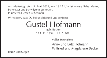 Traueranzeige von Gustel Hofmann von Siegener Zeitung